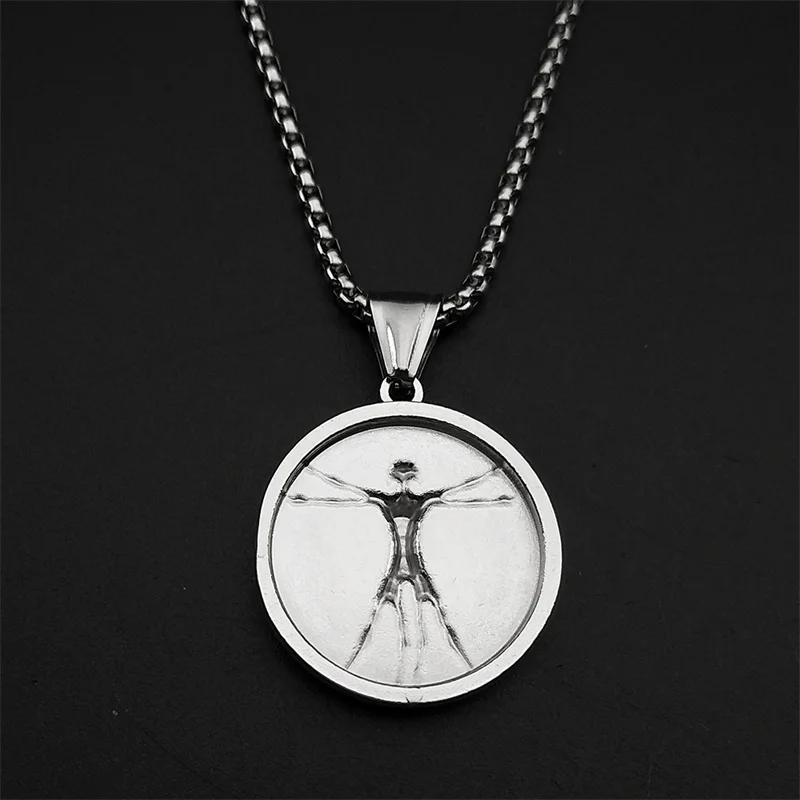 دافنشي رسم فيتروفيان رجل ميدالية مستديرة قلادة قلادة للنساء الرجال الفولاذ المقاوم للصدأ الذهب والفضة اللون الجمالية الفن مجوهرات