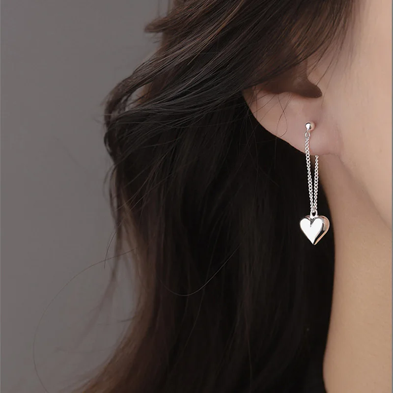 

S925 Silver Simple Pair Love Heart Drop Earrings For Women Vintage Smooth Heart Shaped Chain Tassel Earrings Fine Party Jewelry
