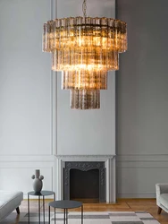 Vintage Smokey Gray Flower Glass Chandelier Staircase Light Lobby Hanging Light Large High Ceiling Trendy Pendant Led Lamp