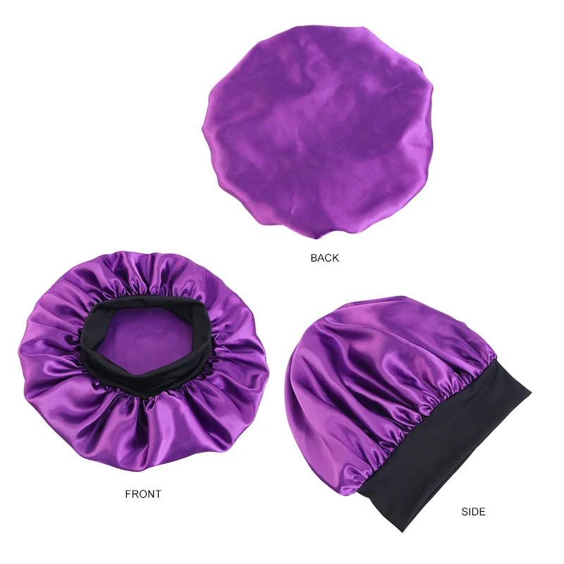 Women\'s Satin Solid Bonnets Wide-brimmed Night Sleeping Bathing Hat Unisex Head Wrap Elastic Band Cap Hair Care Bonnet