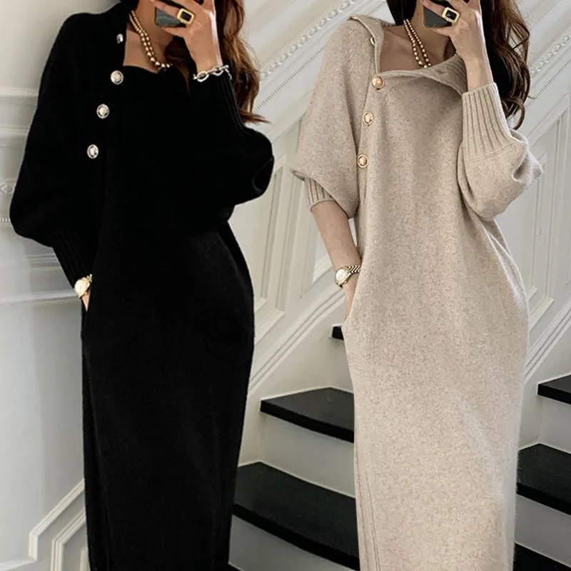 

plus Size Knitted Dr Women's Sweater Dr Autumn Winter Slimming Long Waist-Cinching Lazy Sle Comfortable Fit Midi Dr
