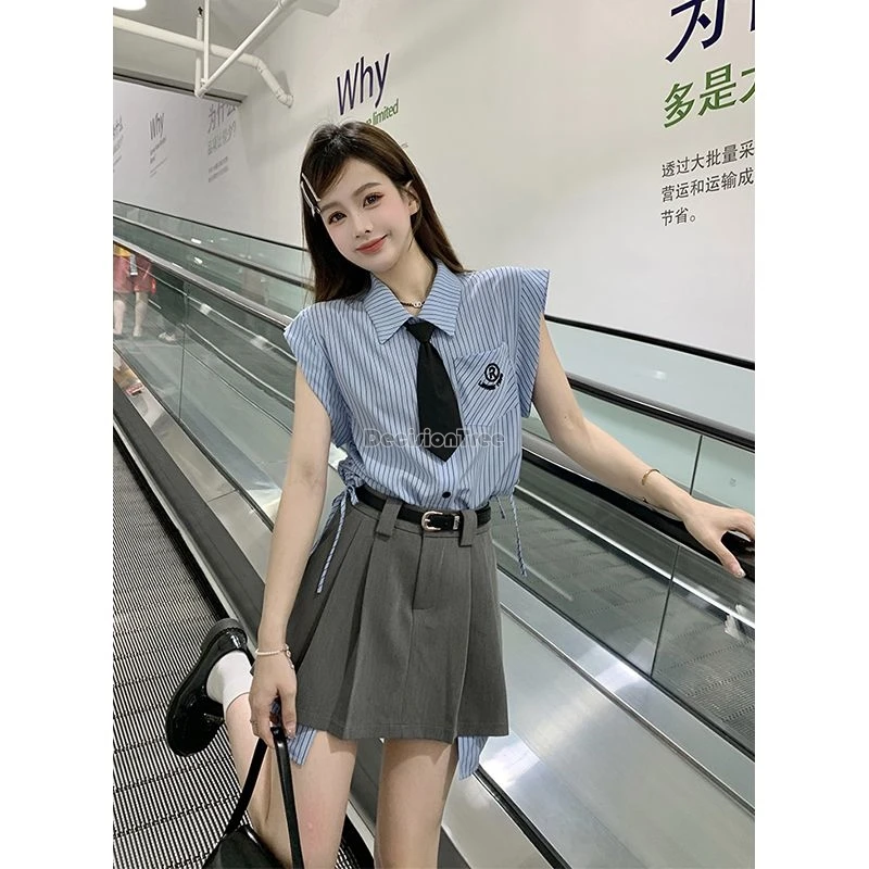 2024 women preppy vintage korea uniform jk set embroidered striped short sleeve shirt top pleated skirt fashion jk suit w393