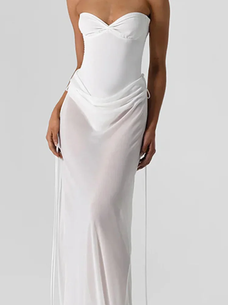 Solid Strapless Pleated Maxi Dress Women Sexy Satin Patchwork Off Shoulder Slim Long Robe Spring Lady Holiday Evening Party Gown