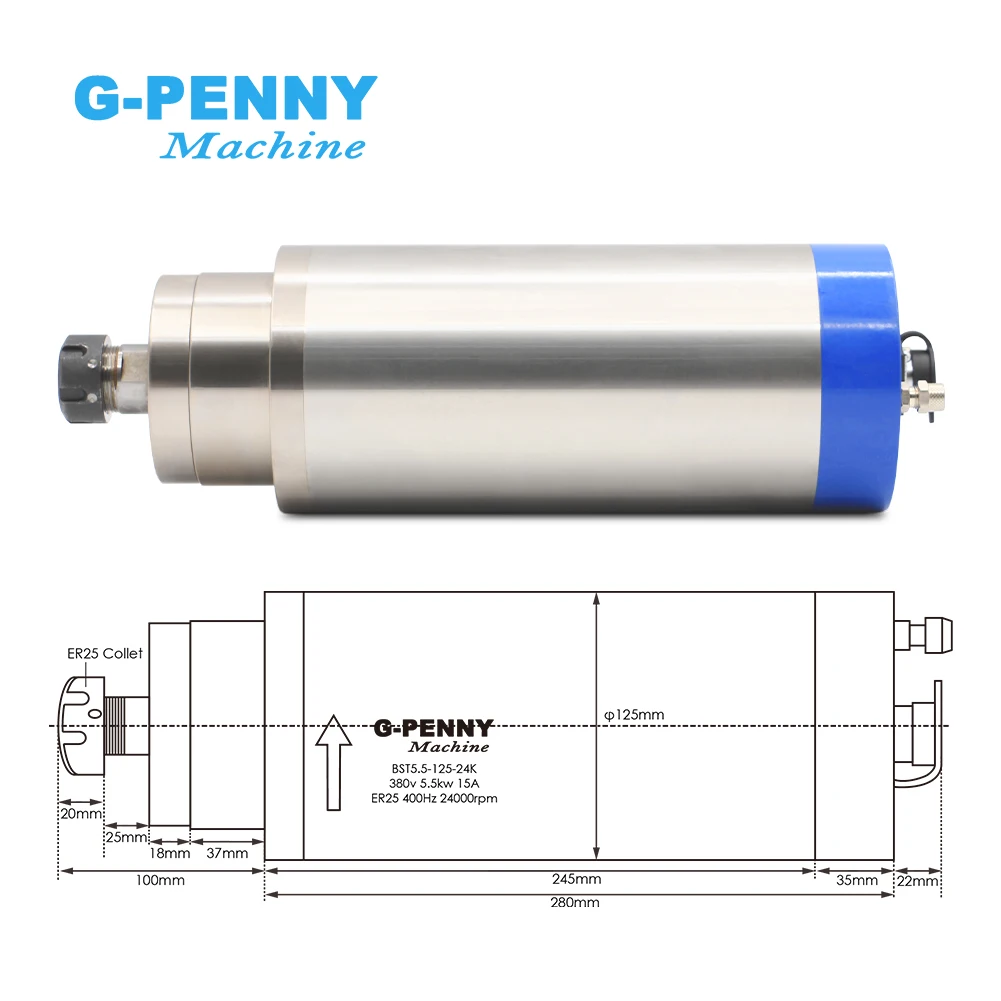

Customization 5.5kw ER25 Water Cooled Spindle Motor 3-phase 24000rpm 2.5N.m Torque D=125mm 220v/380v 4pcs Ceramic Ball Bearings