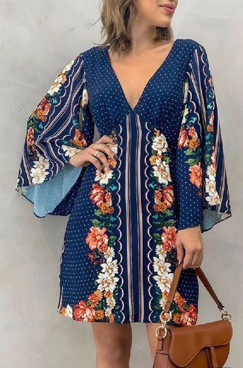 Women's Deep V Neck Long Sleeve Floral A-Line Dress, Elegant Woven Fabric, Perfect for Casual Daily Wear & Party