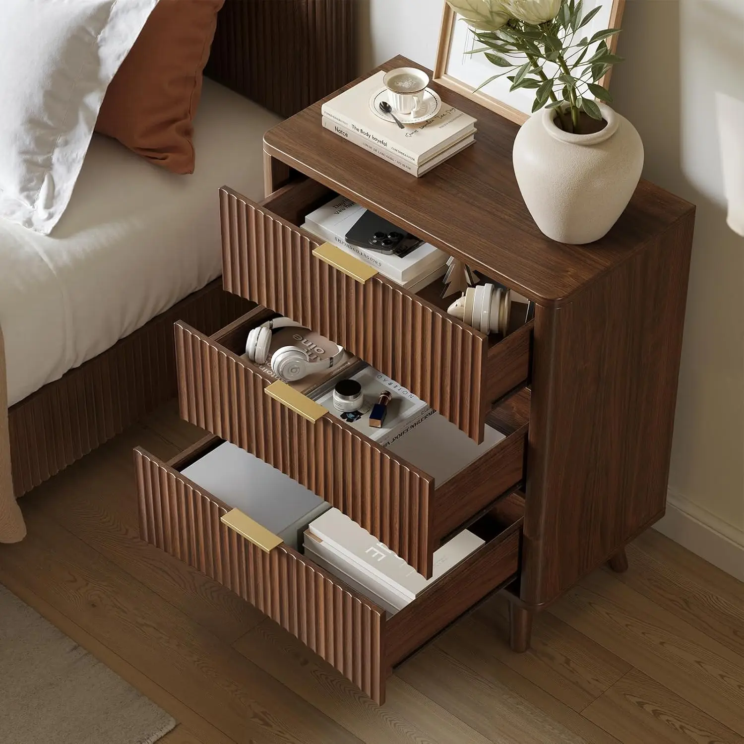 29'' Tall Fluted Nightstands Set Of 2 Walnut 3 Drawers Wooden Bedside Table Mid Century Modern Bedroom, Customized - view 4