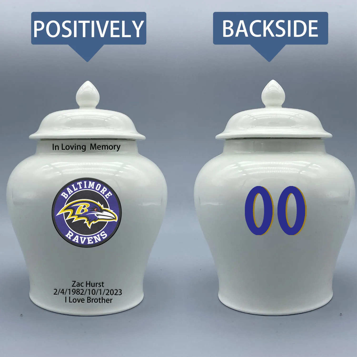 

Medium Urn for Baltimore Ravens-themed Logo Urn.Please send me the customize information-name/date and number on the urn