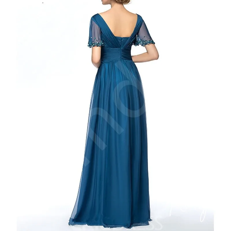 Personalizado Teal Chiffon mãe do vestido da noiva Bat mangas curtas e acentos frisados para o casamento Império Formal cintura A-Line