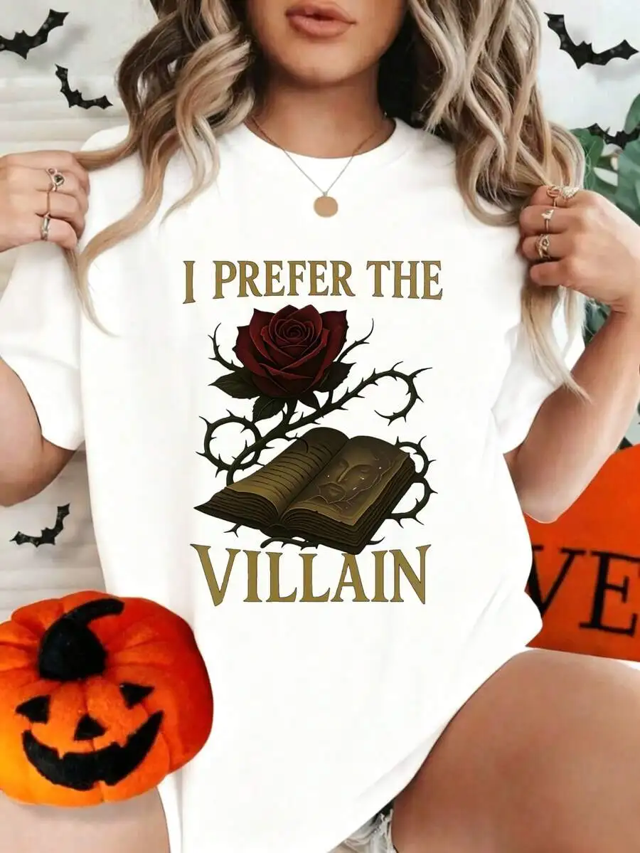 Women's Crew Neck Short Sleeve Casual T‑Shirt Halloween Gothic I Prefer The Villain Rose & Book Graphic Print Holiday Party Tee Top