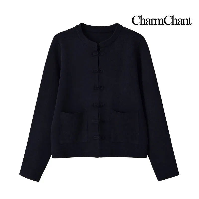 CHARMCHANT Women's Chinese Frog Button Knit Cardigan Long Sleeve Cropped Jacket With Pockets Elegant Commute Autumn 2026