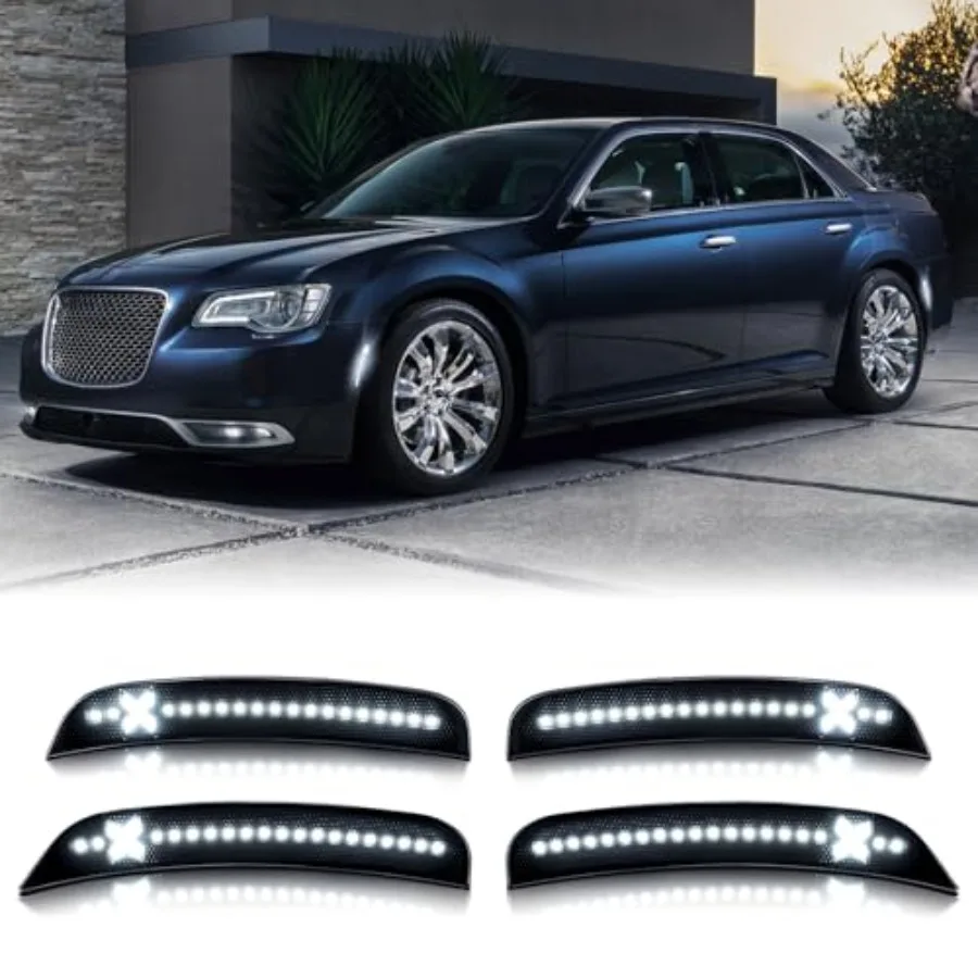 

Комплект из 4 боковых габаритных фонарей для Chrysler 300 2015-2021: светодиодные белые передние и задние бамперные фонари X-образного стиля с затемненными линзами, боковые маркерные огни на крылья