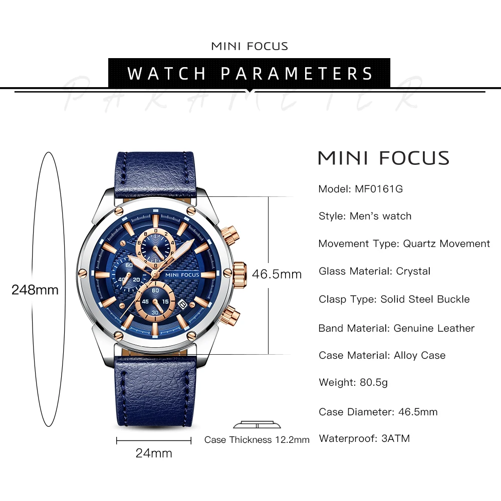 MINI FOCUS Business Quartz Watches for Man Waterproof Luminous Chronograph Wristwatch Leather Strap Clock reloj hombre 0161G