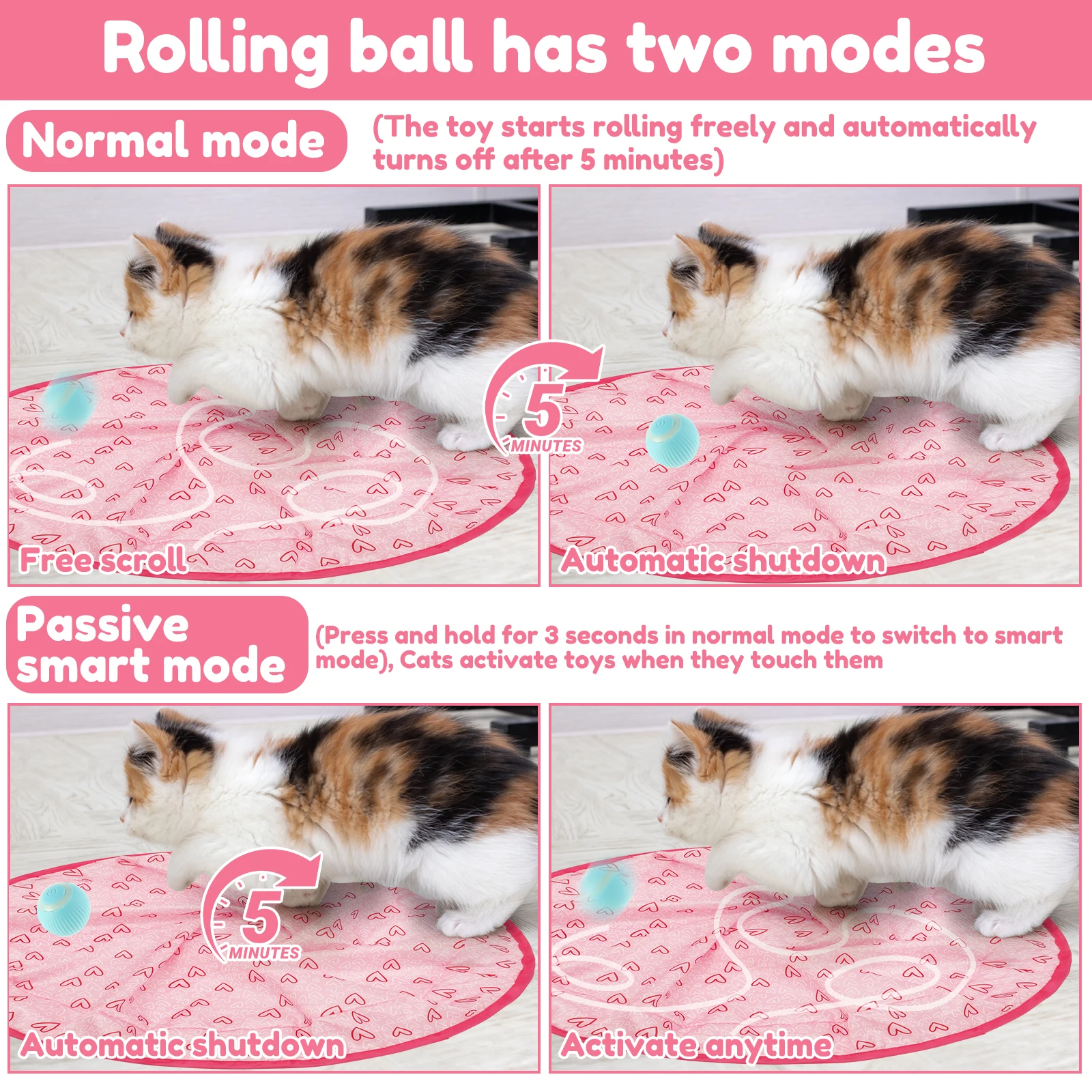 Automatic Cat Toys Cat Hunting Toy Mat Electric Motion Moving Bouncing Roll Ball Funny Interactive Toy with Elastic ball 2 Mode