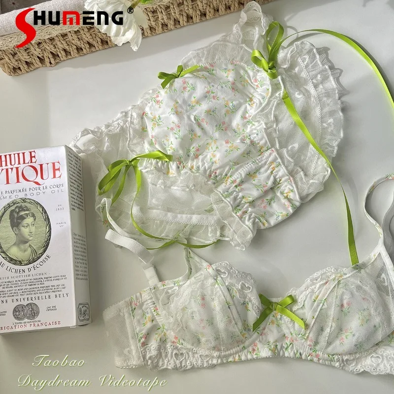 

Floral French Heart Hollow Intimates Women's Mesh Ribbon Pure Desire Sexy Bra Set Female Japanese Soft Underwire Brief Suits