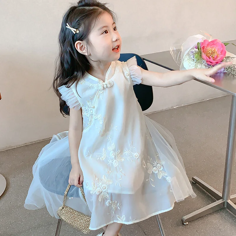 فستان أميرات للأطفال على الطراز الصيني بدون أكمام ، فستان صيفي للأطفال ، فستان شبكي جميل للفتيات ، جديد