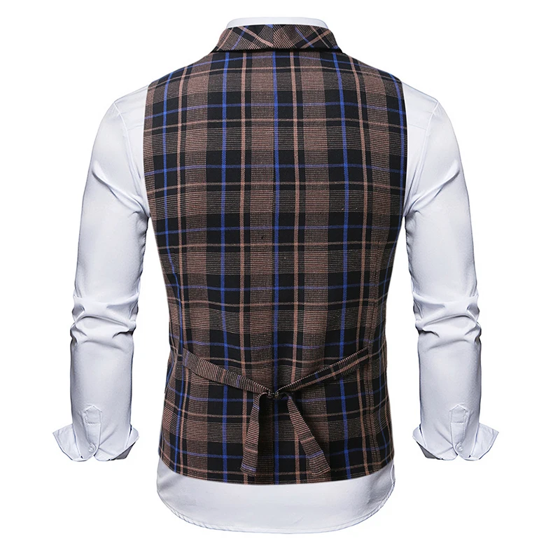 Trendy Sleeveless Slim Waistcoats Mens Spring Fashion Lapel Buttoned Plaid Striped Vest Jackets Men Casual Tie-up Suit Coat Male