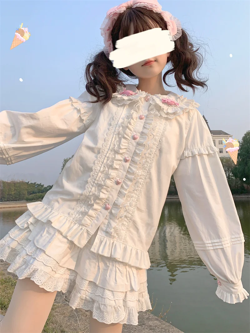 Lolita Shirt White Sweet Women Preppy Style Blouses Cute Peter Pan Collar Lace Ruffle JK Shirts Girls Long Sleeve Blusas Mujer