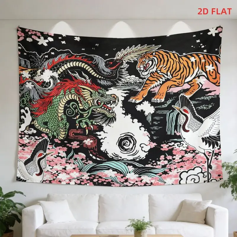 VIKAMA Oriental Dragon, Tiger, and Crane Tapestry, Asian Aesthetic Wall Hanging, Traditional Decor for Bedrooms and Living Rooms