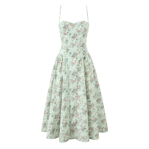 Imagen 2 del producto YENKYE-Vestido Sexy con tirantes finos y estampado Floral verde para mujer, Vestido Midi de cintura baja con corte en A, vestidos de verano para vacaciones, Vestido de fiesta 2025