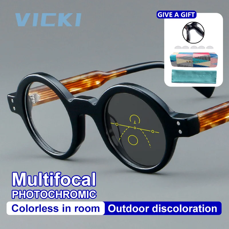 Lunettes VICKI rétro, design géométrique unique, monture ronde, verres progressifs multifocaux photochromiques anti-lumière bleue, prescription personnalisable disponible