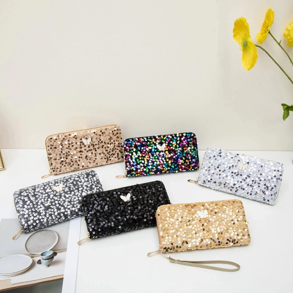 Women's Long Sequin Wallet Stylish Clutch High-end Ladies Handbag Card ID Holders Butterfly Wallets Female Coin Zipper Purse