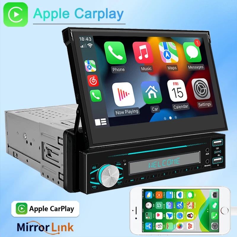 1 din 7 inch Car Radio Retractable Screen MP5 Player Carplay Android Auto USB Bluetooth Mirror Link Car Intelligent Multimedia