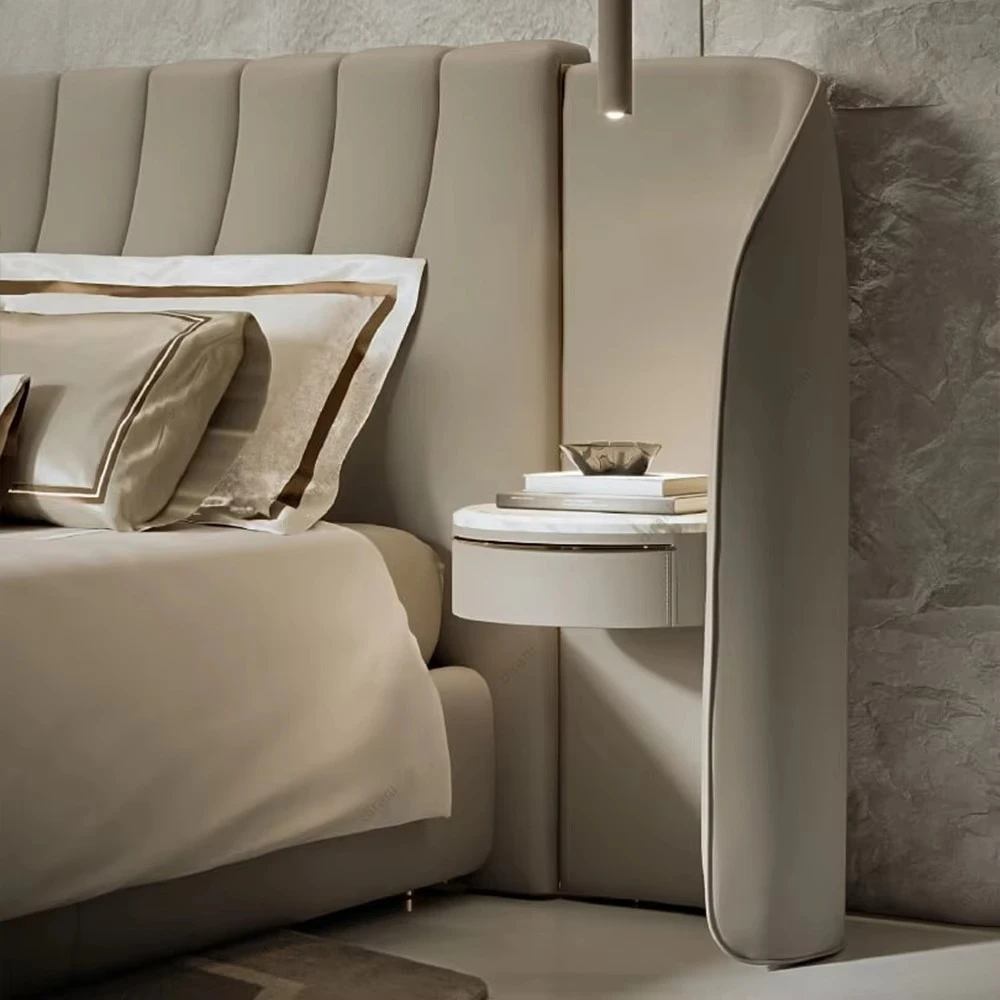 Luxury modern beige leather headboard bed with sturdy frame modern design for bedroom villa hotel decor