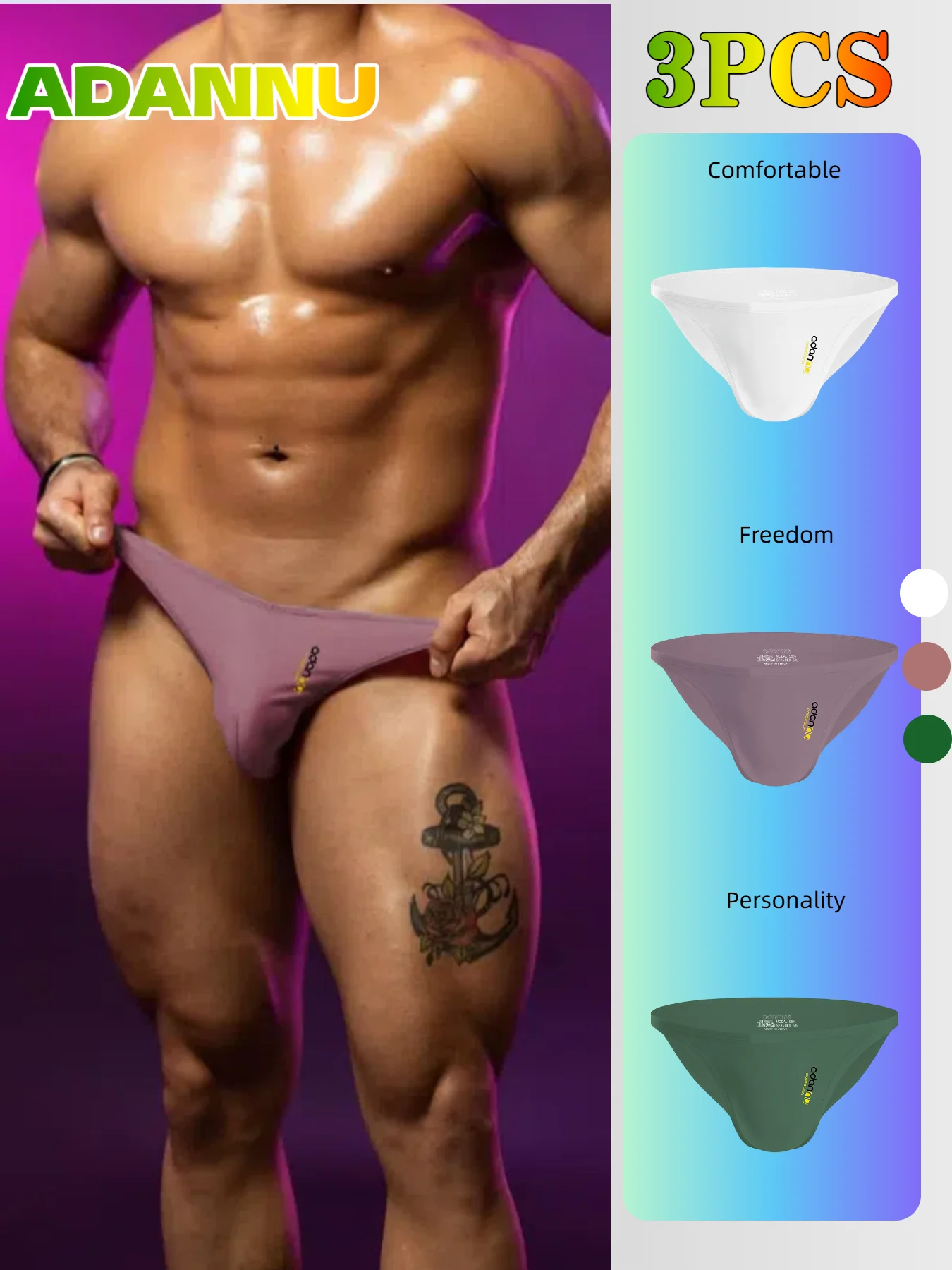 

3PCS Men's Bikini Briefs Modal High-Elastic Comfortable Soft Sexy Solid Color Low-Waist Fashion Underwear TrianglePants for Men