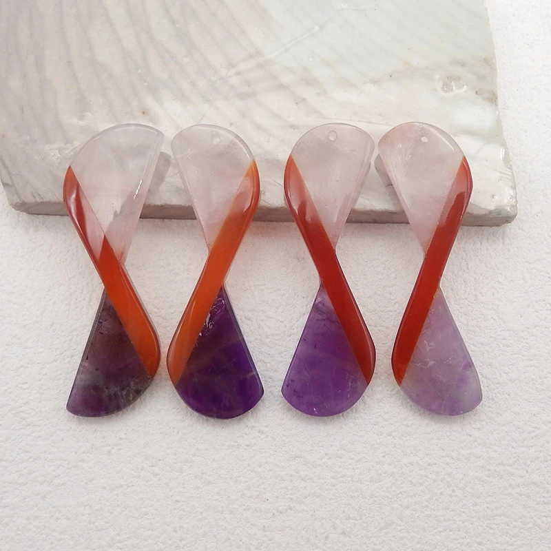 4PCS Beautiful Natural Stone Rose Quartz,Red Agate,Amethyst Intarsia Fashion Necklace Pendant Beads Set 49x16x4mm 18.7g