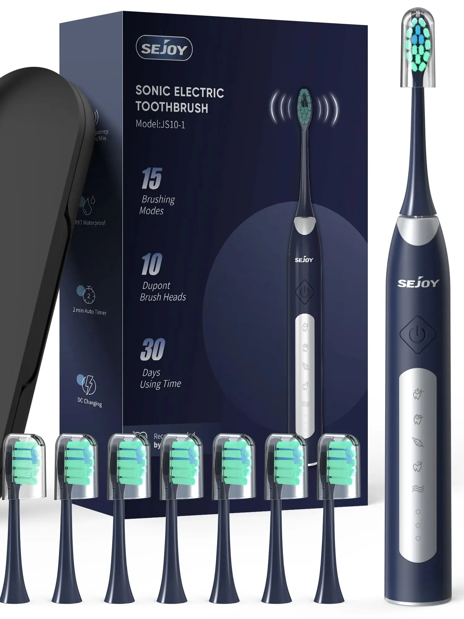 Sejoy elektrische Schallzahnbürste mit 10 Ersatzköpfen, wiederaufladbare, wasserdichte elektronische Zahnbürsten JS10-1