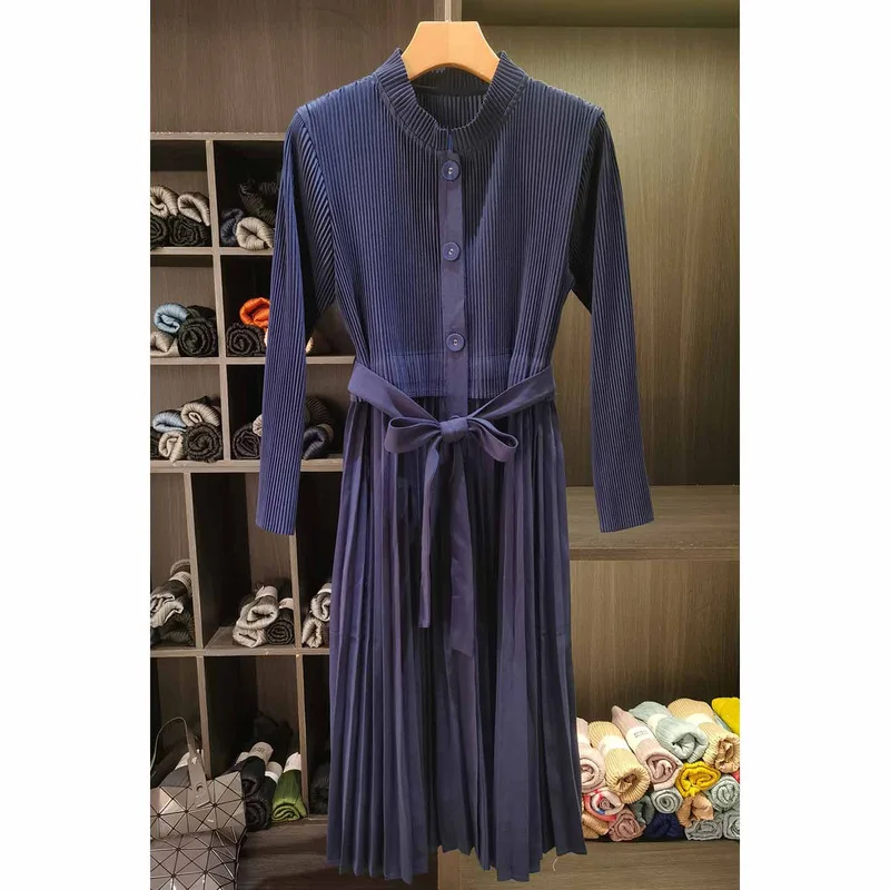 Miyake Pleated Design Elegant Stand Collar Dress High Quality Casual Commuter Waist-Tied Women's Long-Sleeve Trench Coat