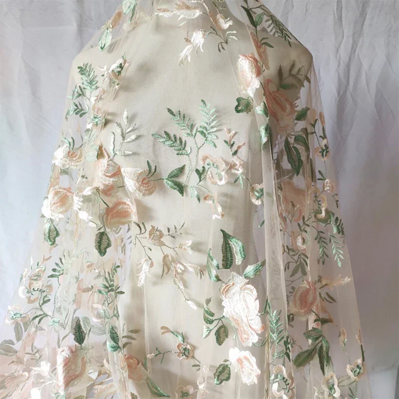 

Rose Leaf Embroidered Lace Fabric Encrypted Soft Mesh Embroidered Fabric Color Yellow Green Flower Cloth for Wedding Dress Skirt