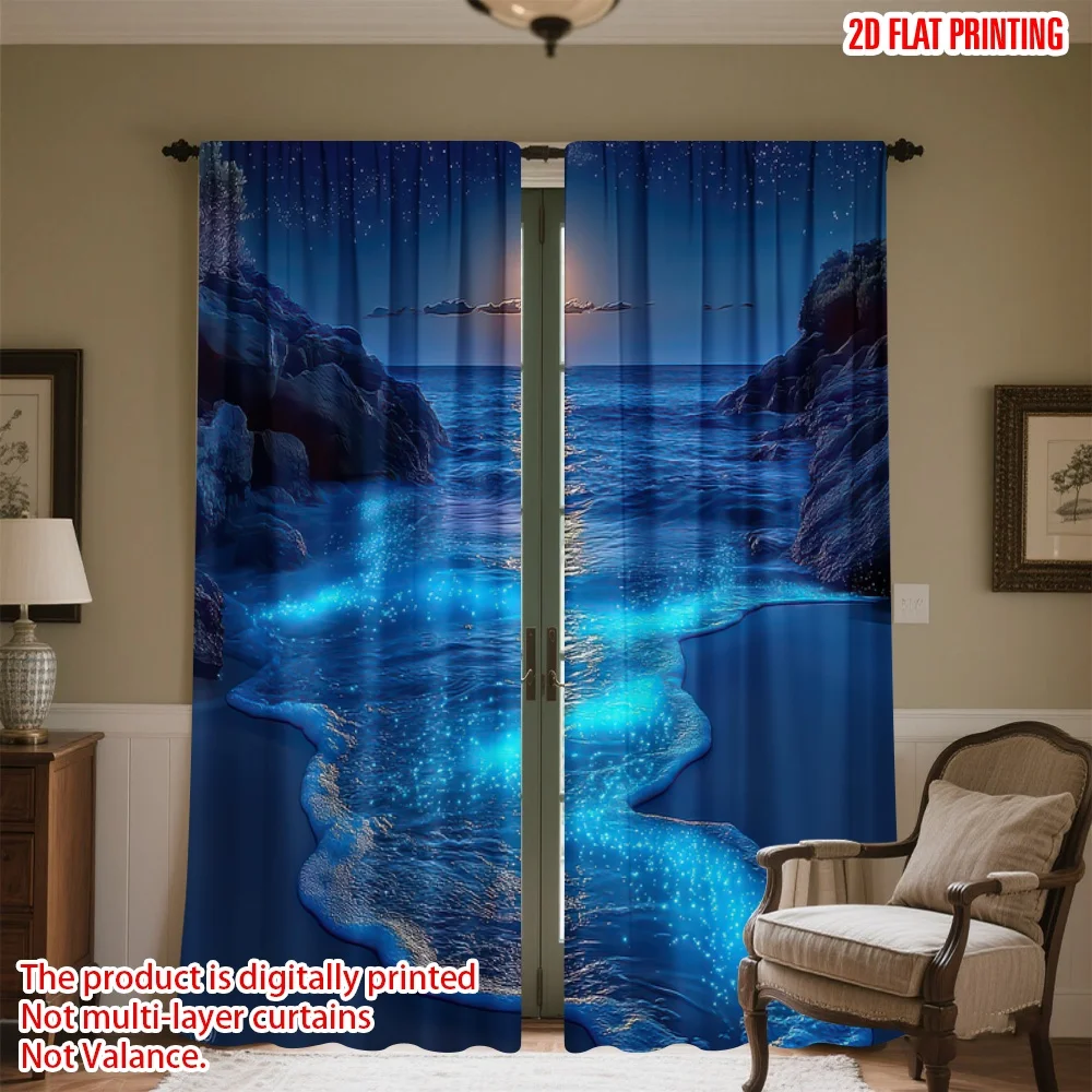 

2D flat printing 2pcs Drapes Moonlit Bioluminescent Beach Digital Printed Polyester Drapes Birthday Party for Bedroom Office