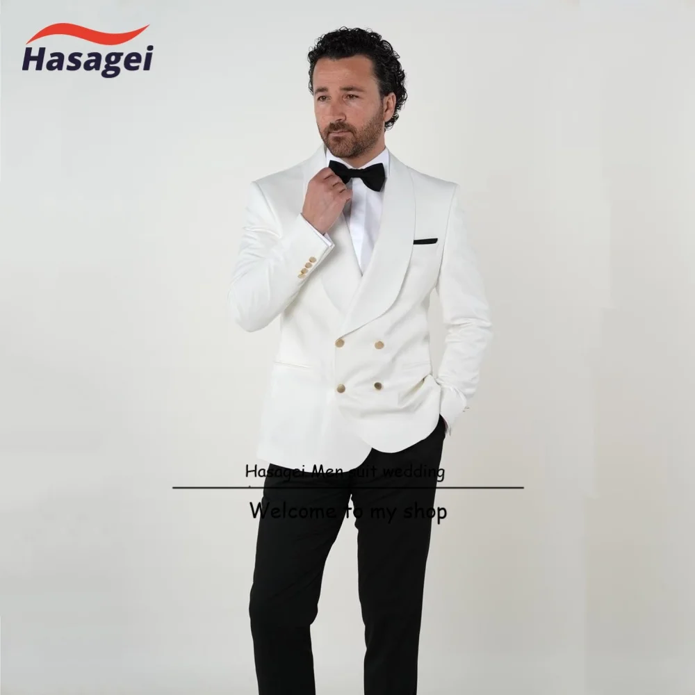 

Formal Men's Suit Slim Fit 2 Pieces Jacket Pants Set Double Breasted Suits Gold Button Shawl Lapel Blazer Prom Wedding Tuxedos