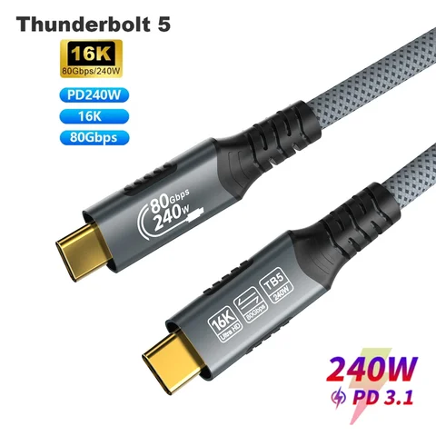 16K Type C for Thunderbolt 5 Cable 80Gbps USB4 GEN4 USB C to C 240W Charge Cable Compatible Thunderbolt 4/3 40Gbps for Tablet