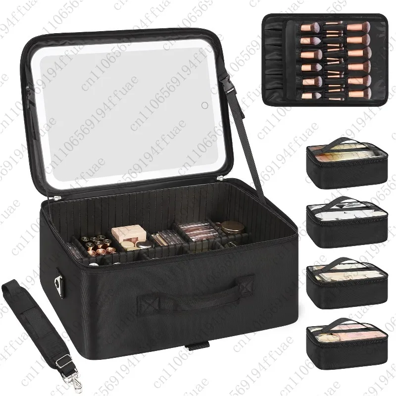 Extra-Large Makeup Bag with LED Mirror Cosmetic Train Case with 4 Removable Pouches Adjustable Dividers