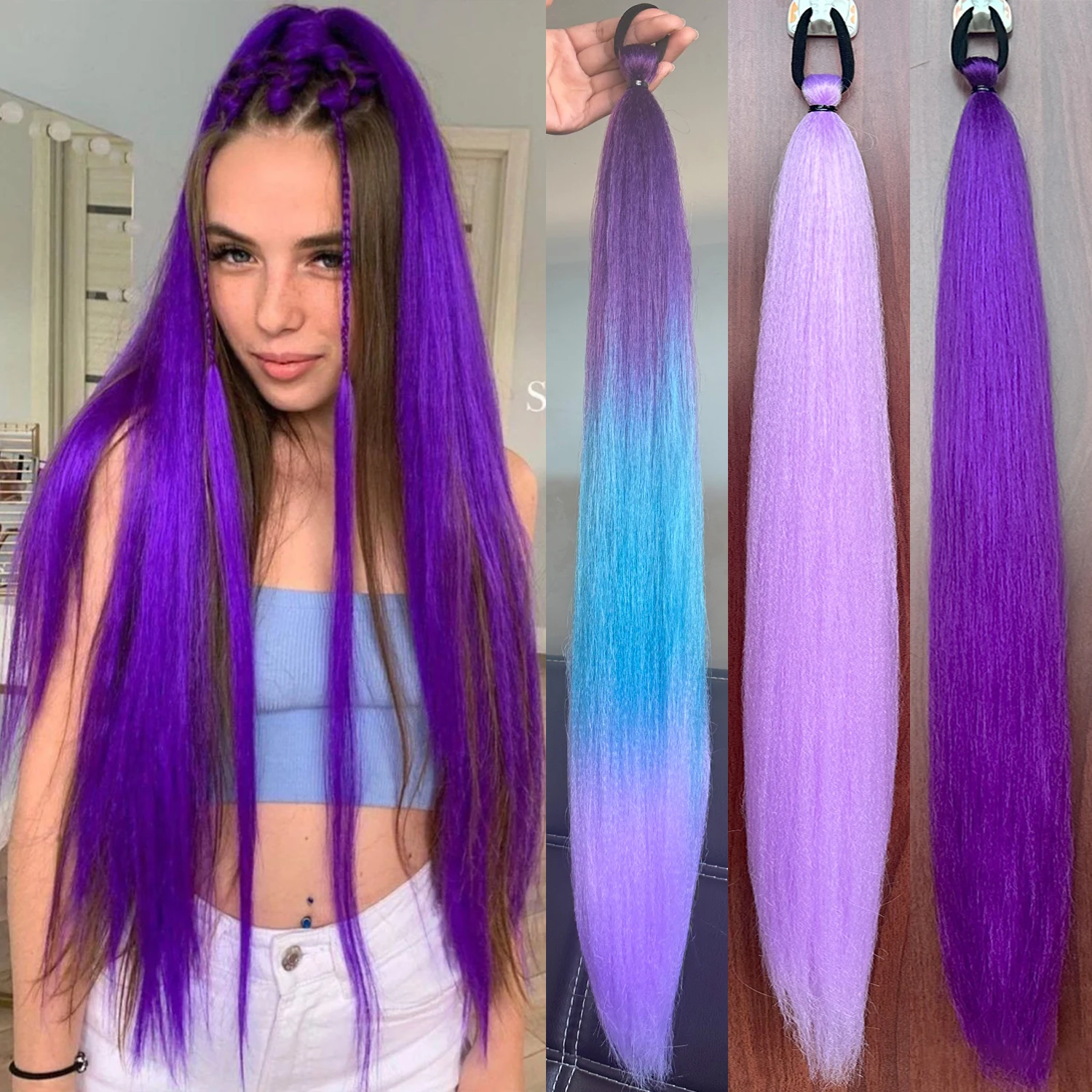 Peruca de rabo de cavalo roxo longo e reto sintético com faixa elástica, acessório de cabelo feminino, rabo de cavalo trançado DIY