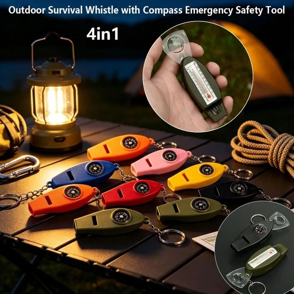 4in1 Outdoor Survival Whistle ABS Material with Compass Camping Hiking Magnifying Glass Portable Loud Sound