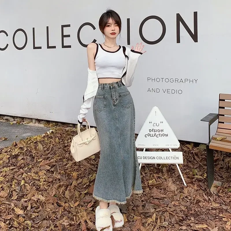 

Korean Style Premium Fashion Blue High Waist Jeans Skirts for Women Stylish Modest Aesthetic Luxury Elegant Woman Denim Skirt