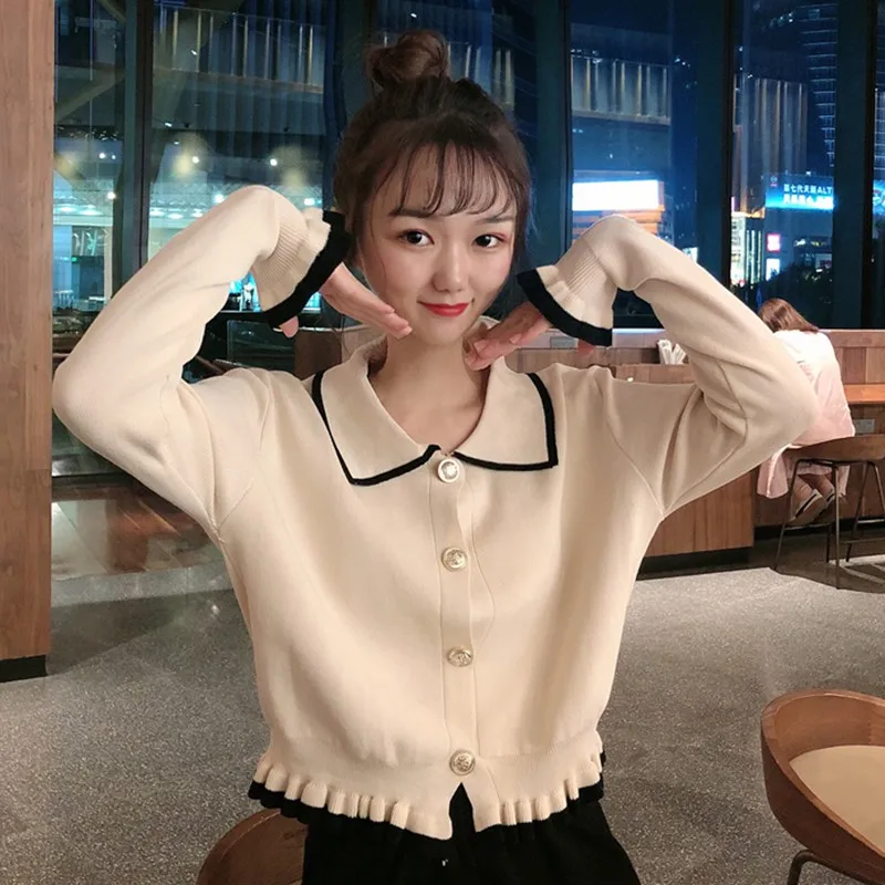 

Women Sweater Elegant Turn Down Collar Female Korean New Fashion Ladies Tops Jumpers Autumn Winter Clothes Red Cropped Cardigan