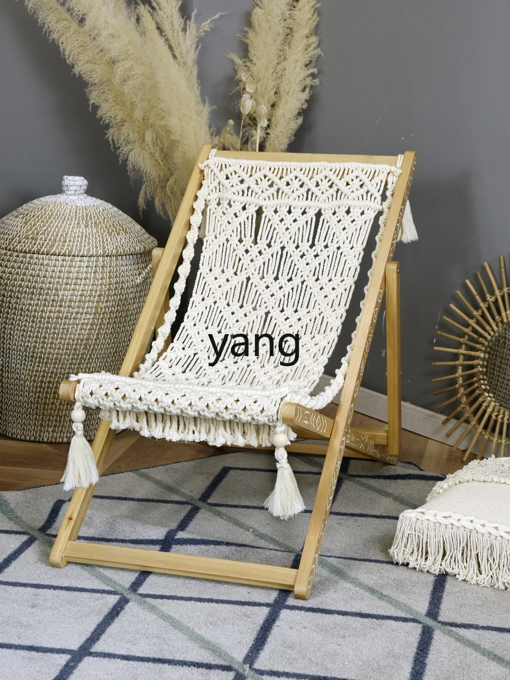 Yjq Hand-Woven Recliner Folding Chair Solid Wood Adult Leisure Chair