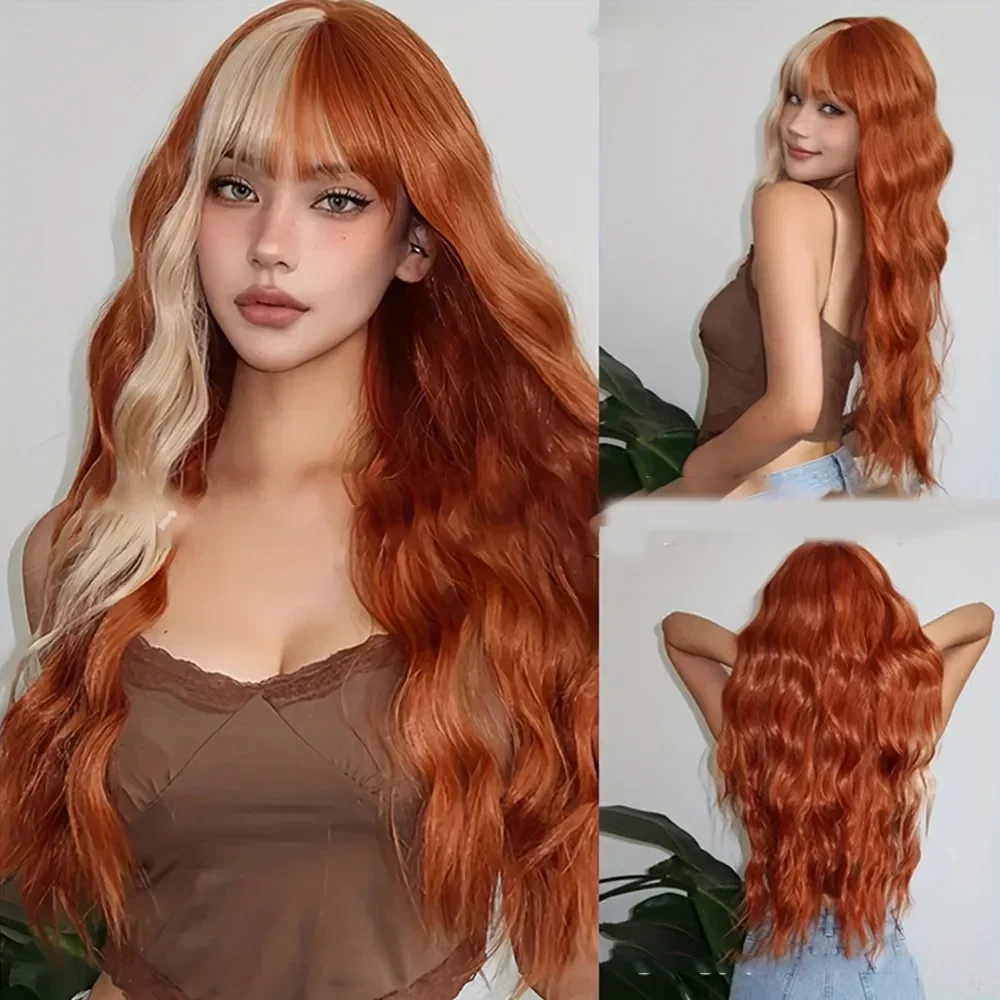 Wig sintetis penutup rambut simulasi ikat kepala atas penuh Wig nada ganda panjang keriting dan bergelombang