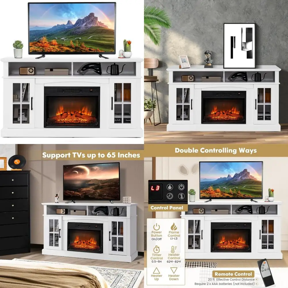 65 Electric Fireplace TV Stand with 1400W Heater, Remote Control, 6H Timer, 3-Level Flame Settings