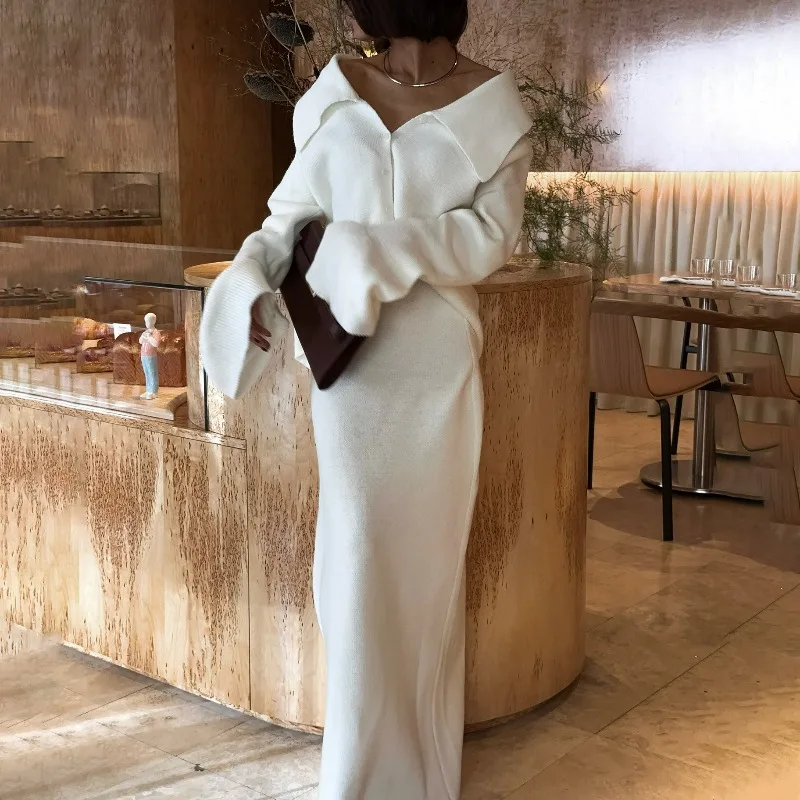 

High Street Temperament Ленивый стиль Вязаный комплект из двух предметов с расклешенными рукавами и большими лацканами на молнии Рубашка на бедрах с запахом в пол Длинное платье для женщин