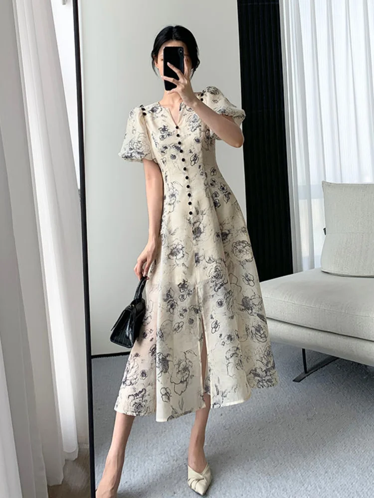 Woherb Maxi Dresses for Women Elegant Floral Print Robe Femme Sweet Button Chiffon Vestidos Feminino Korean Summer V Neck Dress