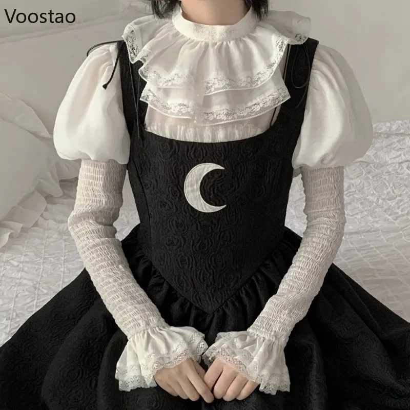 Victorian Sweet Lolita Princess Blouse Women Japanese Kawaii Puff Sleeve Lace Ruffles Removable Sleeve Shirt Girls Cute Clothes