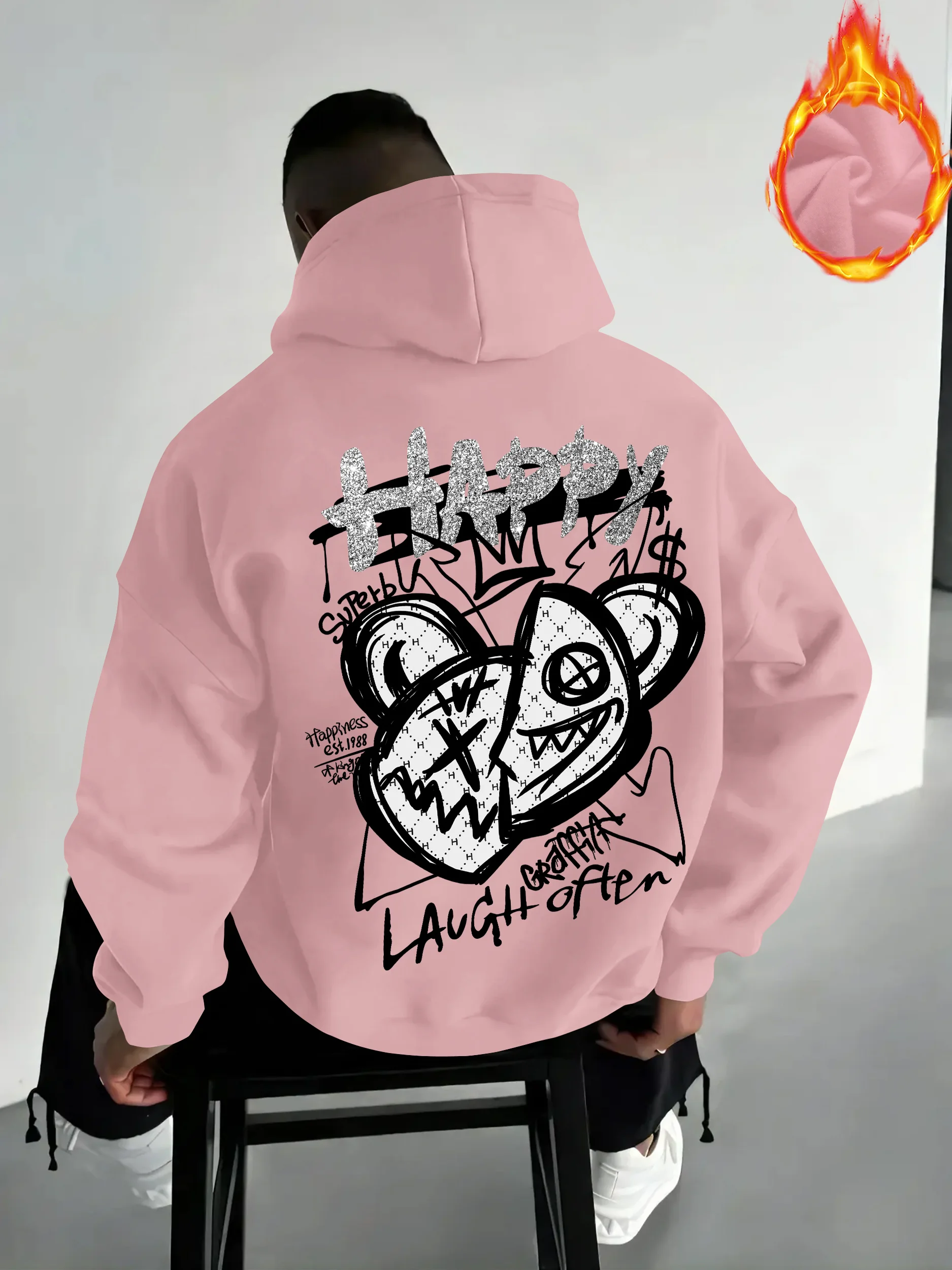 Men's street graffiti hooded sweatshirt, fun smiling face font print, warm and comfortable casual and unique hooded sweatshirt