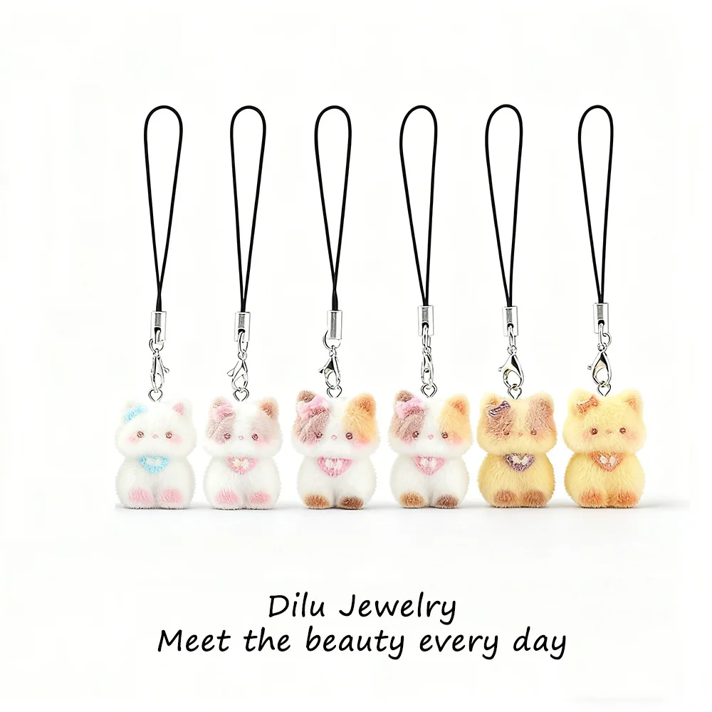 

New Cartoon Cute Flocking Three-Dimensional Resin Cat Key Chain Bag Pendant Mobile Phone Lanyard Gift