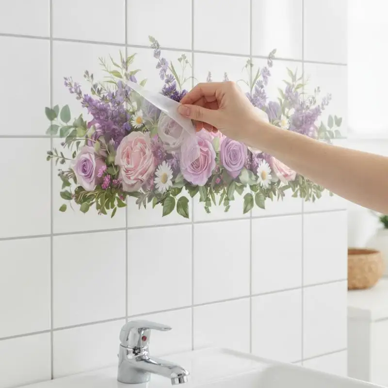 Fresh Floral Pattern Sink Area Background Wall Sticker Bathroom Wall Decoration Self-Adhesive Removable Waterproof Sticker