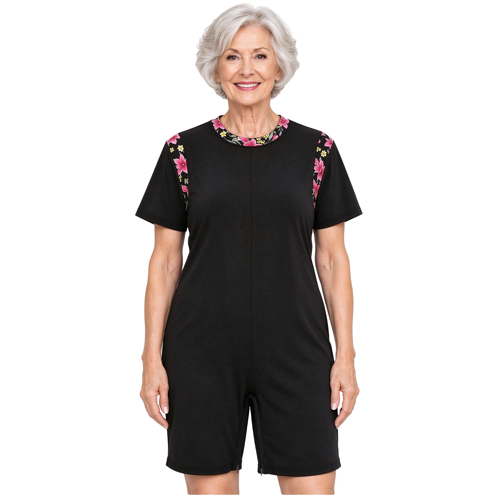 Women Adaptive Rompers Floral Print Patchwork Bodysuit Short Sleeve Anti-strip Zipper Back Crotch Rompers for Special Needs